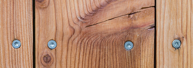 Closeup of larch boards and steel wood screws in wooden panoramic background. Paneling detail of natural planks with narrow slits, a crack and stainless self-drilling torx woodscrews in brown texture. - obrazy, fototapety, plakaty
