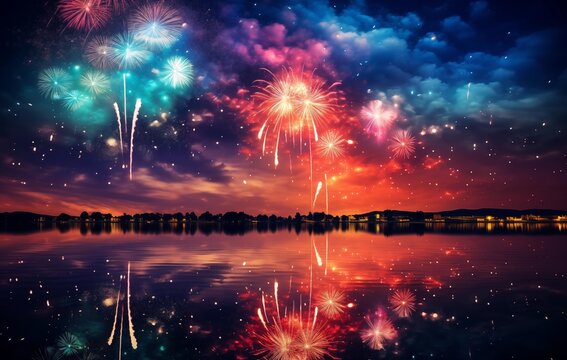 fireworks in the night sky over a lake, in the style of bold and vibrant primary colors, viennese secession, furaffinity, carnivalcore, creative commons attribution, uhd image