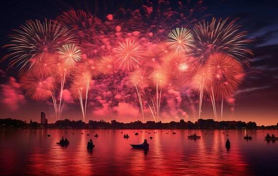 fireworks in the night sky over a lake, in the style of bold and vibrant primary colors, viennese secession, furaffinity, carnivalcore, creative commons attribution, uhd image