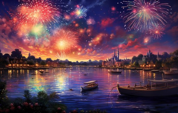 fireworks in the night sky over a lake, in the style of bold and vibrant primary colors, viennese secession, furaffinity, carnivalcore, creative commons attribution, uhd image
