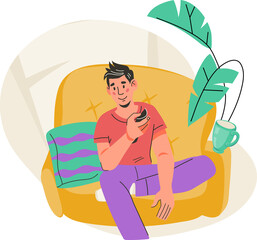 Man sitting on the couch with remote control and watching movie. Man watches TV. Streaming video service, online cinema concept.