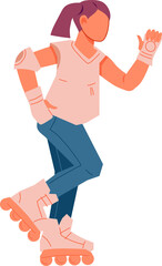Teen girl riding on roller skates flat illustration isolated. Child roller skater for kids sport and outdoor games topic.