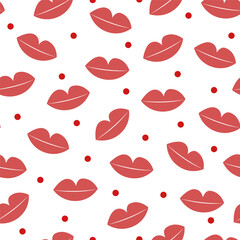 Seamless pattern of lips and dots on white background. Kisses, valentine's day, 14 february.
