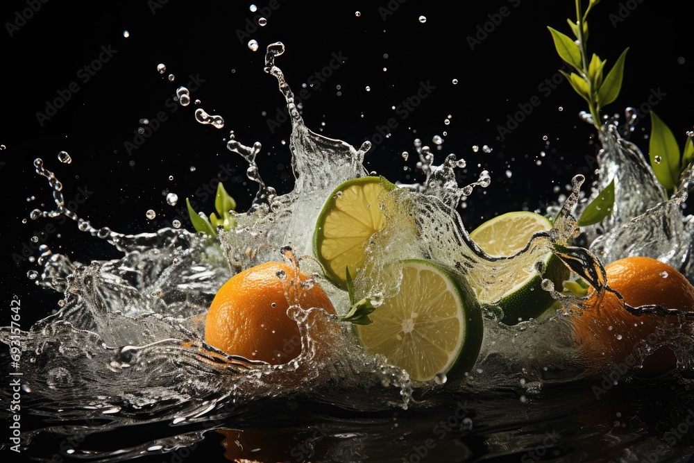 Fototapete limes and oranges are seen splashing and creating ripples as they fall into the water.