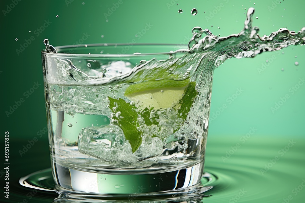 Fototapete a glass filled with clear water and adorned with a single lime slice floating on the surface.