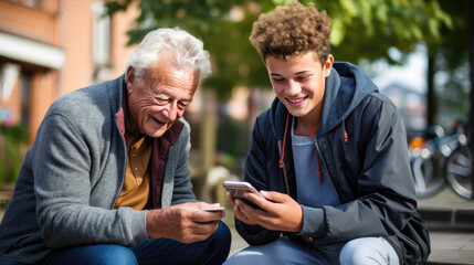Tech-savvy teenage boy and his grandfather using smartphones