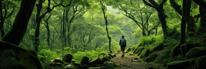 Single traveller walking path through a lush and old green forest - obrazy, fototapety, plakaty