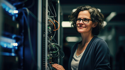 Fototapeta na wymiar Woman in her 40s wearing glasses and working on a server