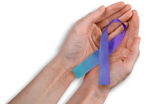 Teal and Purple Ribbon in Woman's Hands, Suicide Prevention Concept, Isolated - Powered by Adobe