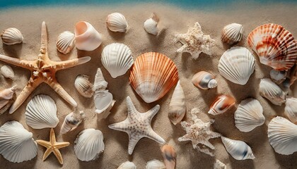 top view of a sandy beach with collection of seashells and starfish as natural textured background for aesthetic summer design
