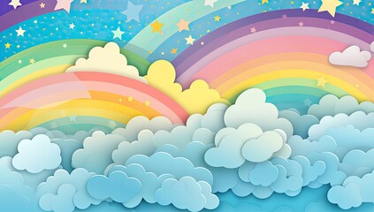 rainbow background with clouds and stars on a blue sky Generative AI