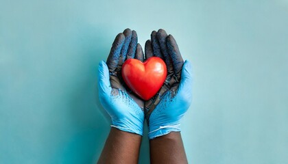 heart disease defense strategy with this captivating birds eye top scene displaying gloved hands cradling a heart on pale blue background with copy space available for text or promotional use