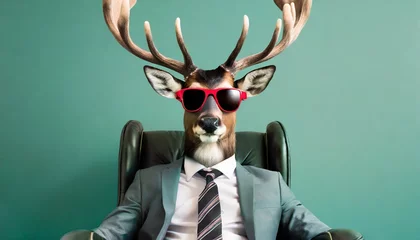 Deurstickers modern xmas deer with hipster sunglasses and business suit sitting like a boss in chair creative animal concept banner trendy pastel teal green background © Wayne