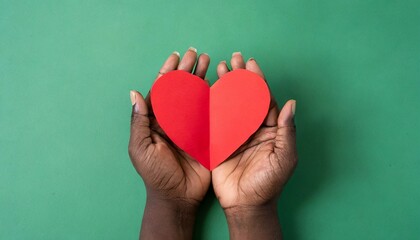 black hands holding red paper heart on green background