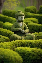 topiary green Buddha sculpture in topiary spring garden sunrise 