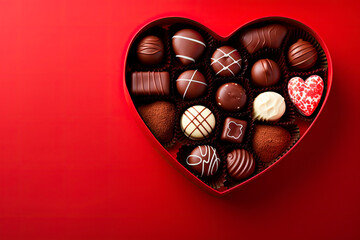 Chocolate bonbons in a heart-shaped box for Valentine's Day on red background