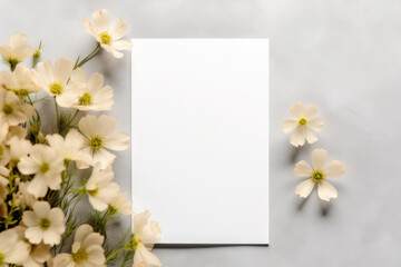 Blank greeting card mockup and flowers on light gray background. Top view