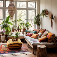 colorful boho style livingroom interior design