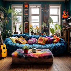 colorful boho style livingroom interior design