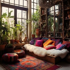 colorful boho style livingroom interior design