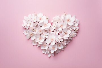 Gift with love for valentine's day heart shaped white spring flowers banner postcard with empty space on pastel pink background. Generative AI
