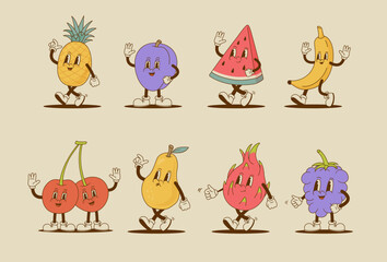 Set of retro cartoon fruit and berry characters. Watermelon, cherry, pear, pineapple, dragon fruit, plum, banana, blackberry, banana mascot. Vintage vector illustration. © Nadezhda Mih