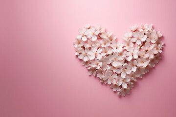 Gift with love for valentine's day heart shaped white spring flowers banner postcard with empty space on pastel pink background. Generative AI