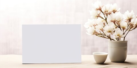 Greeting card mockup with white flowers on table.