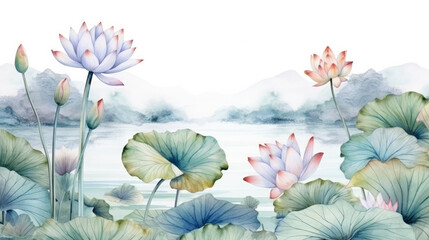 Watercolor wallpaper pattern landscape of lotus flower with lake background