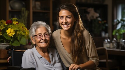 a granddaughter and her wheelchair-bound grandmother smile at the camera in confidence and having a happy moment.