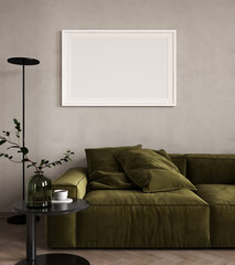 Poster frame mock up in home living room interior with green sofa and coffee table with decor, 3d render