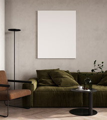 blank picture frame mock up in modern light living room interior with green sofa, 3d visualization