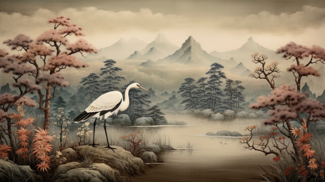Drawing wallpaper of a landscape of birds crane in the middle of the forest in Japanese vintage style