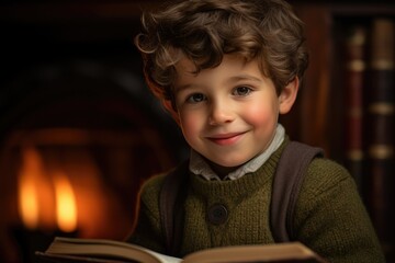 A Young Boy Is Reading a Book in Front of a Fireplace