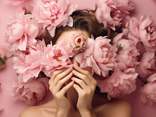 The woman is holding pink flowers in front of her face.	
