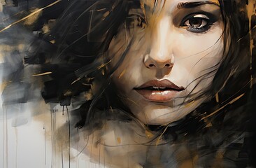 A Black and White Grayscale Painting of a Woman Adorned in Gold, Embracing Dark Romantic Elements with an Abstract and Expressive Face. Wall Art.