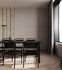 Beige contemporary minimalist interior with black table, chair and blank wall. 3d render illustration mockup