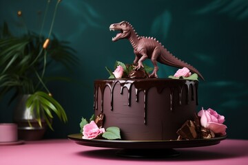 Birthday chocolate cake with dinosaur and green leaves. Gift for the boy.
