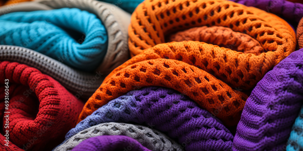 Poster vibrant multicolored crocheted blankets in a close up view, showcasing textures and patterns in a co