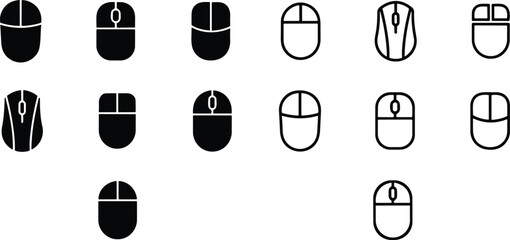 Computer hardware Mouse Icons set. Computer mouse icons vector. Left and right click vector. Icons set of pressing different mouse buttons for PC. Mouse wheel scroll