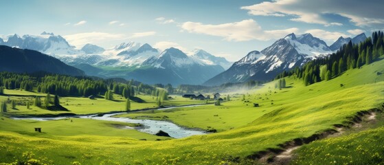 serene springtime bliss: idyllic alpine mountain landscape with blooming meadows