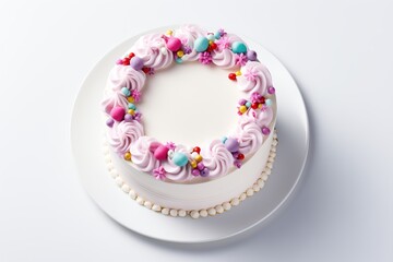 Obraz na płótnie Canvas White birthday cake, decorated with a cream, colorful confectionery sprinkles. Top view.