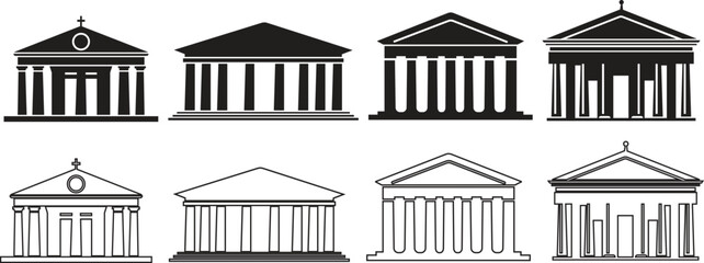 bank government Building Constructions icon in flat, line style set. isolated on transparent background. Residential Building, Bank, Courthouse Architecture sign symbol vector for apps and website