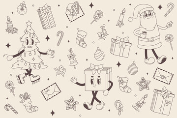 Vector Groovy Set of Christmas and Happy New Year characters and symbols. Outline Illustration in retro vintage style 60s 70s for greeting card and festive design