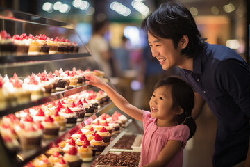 Asian father and daughter buy sweets in a cake shop. The family chooses cupcakes.