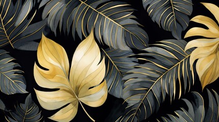 Watercolor tropical leaf gold and black pattern wallpaper with a black background
