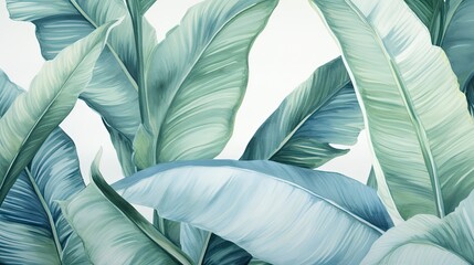 Watercolor tropical banana leaf pattern wallpaper with a light blue background