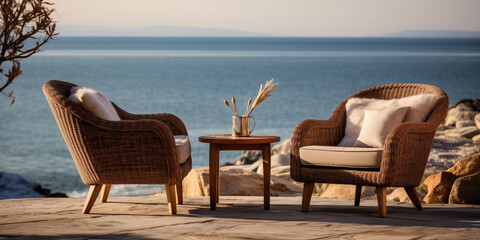 Fototapeta premium Two outdoor lounge chairs next to sea coast. 