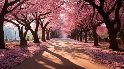 Fotobehang Blossoming Pink Cherry Trees Lining a Sunlit Pathway © nnattalli