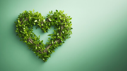 Valentine's day heart shaped natural tree branches with green fresh foliage banner postcard with empty space on green background. Generative AI